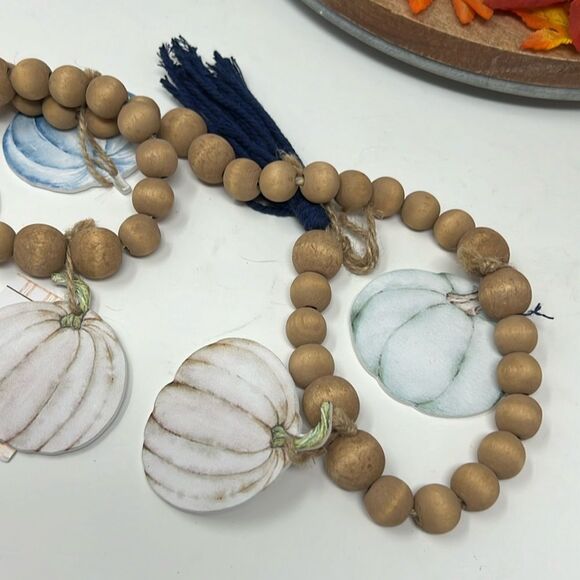 CLEARANCE! Pumpkin Garland Wooden Beads Navy Jute Tassel Fall Decor Thanksgiving - Picture 3 of 11